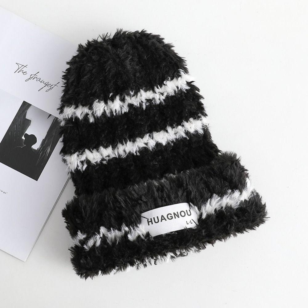 Warm Plush Pullover Hat Plush Winter Cap Fashion Stripe Hat  Safety Helmet