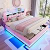 Slim Gestoffeerd Bed 180 x 200 cm met LED-verlichting, USB en Hydraulische Opbergruimte, Zachte Fluwelen Bekleding en Metalen Frame Roze