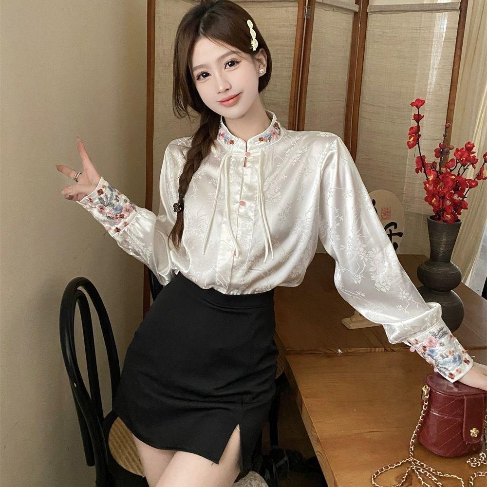 Stand Up Collar Embroidered Flower Cardigan Shirt for Women's Spring Design Shirt Loose Long Sleeved Chinese Style Top
