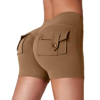 Damen-Shorts mit hoher Taille, Tasche, Sport, Fitness, hautfarben, hochelastisch, schnelltrocknend, Arbeitskleidung, Pfirsich-Hintern, Yoga-Shorts