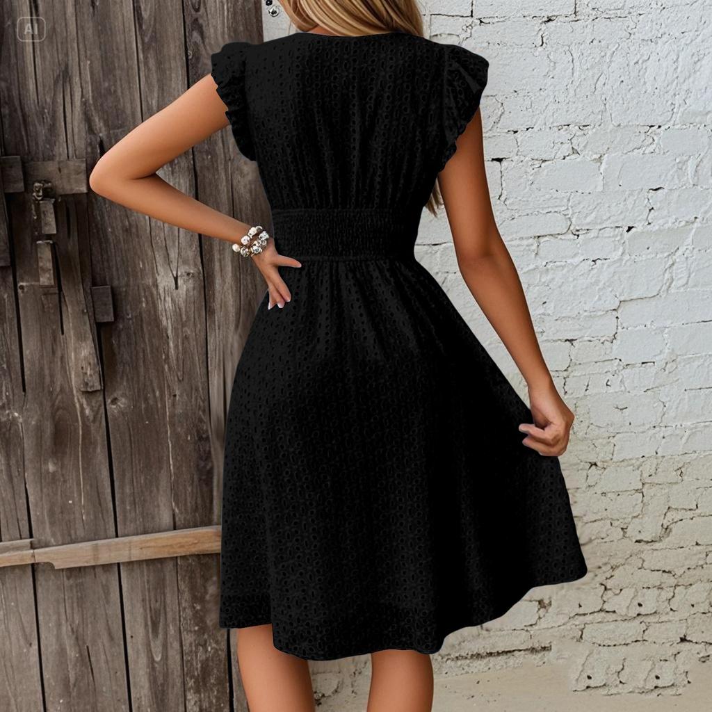 Women's Fashion Ruffle Sleeve Mid-Length V-Neck Lace Hollow Solid Color Casual Dresses