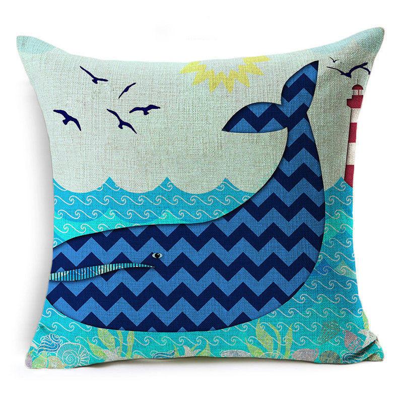 Exquisite 18" Blue Sea Animal Cotton Linen Cushion Cover For Stylish Living Spaces