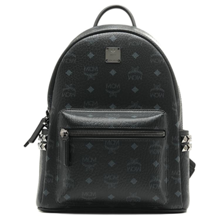 MCM Stark Studded Logo Backpack Coated Canvas And Leather Trim Unisex Backpacks Black MMKAAVE15BK001