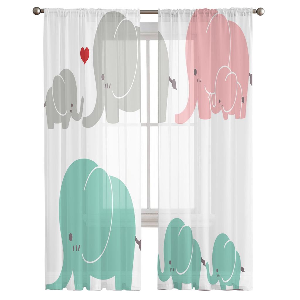Animal Cute Elephant Love Cartoon Tulle Curtains for Kids Bedroom Living Room Window Treatments Sheer Voile for Kitchen Drapes