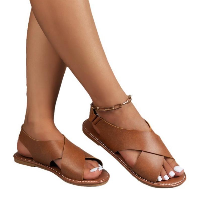 Women's Plus Size Cross Strap Flat Sandals Minimalist Retro Style Wide Strap Beach Slide Sandals