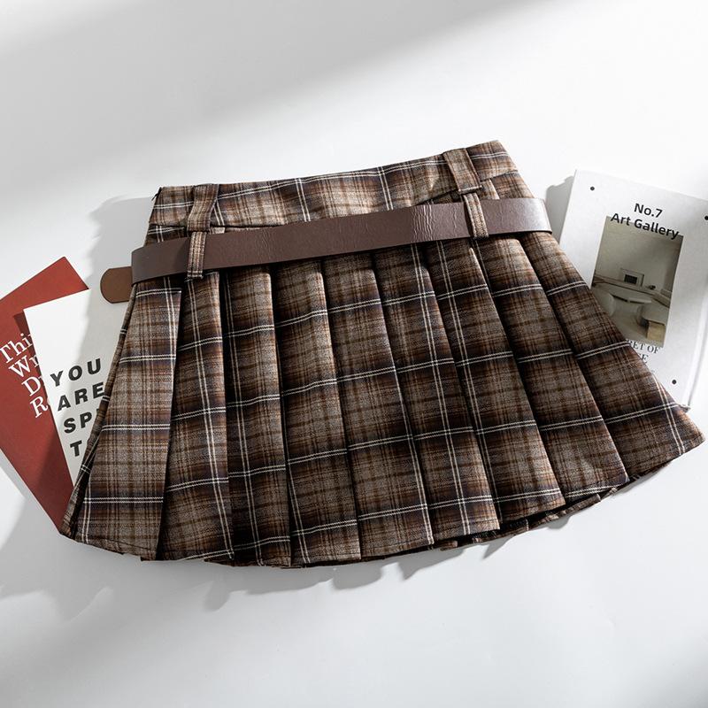 Retro Plaid Pleated Skirt for Women's Autumn High Waist and Thin Polished A-word Skirt, Anti-light Spice Girl Miniskirt