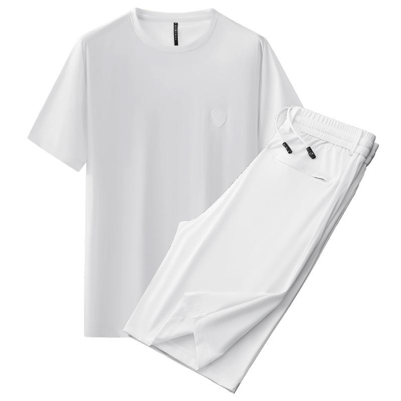 Men's Summer Set: White Short-Sleeve Sports Tee and Ice Silk Workwear Shorts, Casual & Loose Style 835