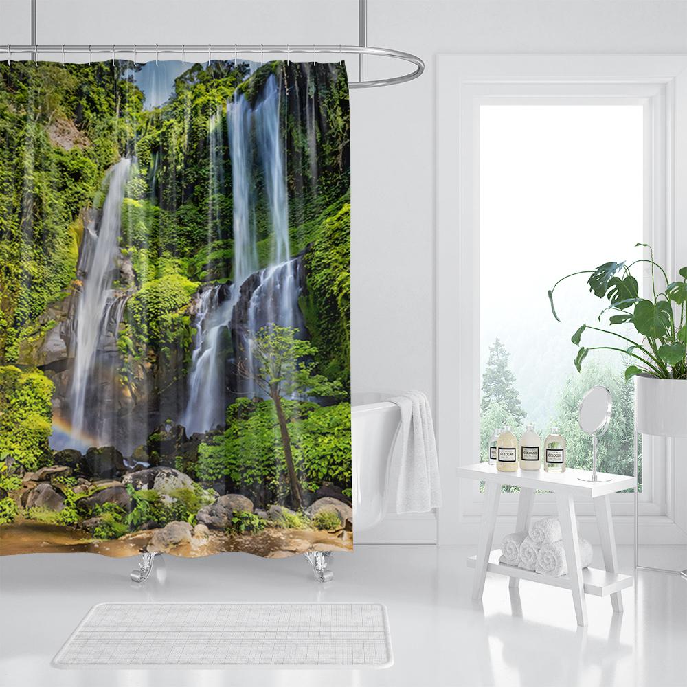 Forest Waterfall Shower Curtain Tropical Rainforest Palm Jungle Tree Green Leaves Plants Scenery Bathroom Decor Set With Hooks