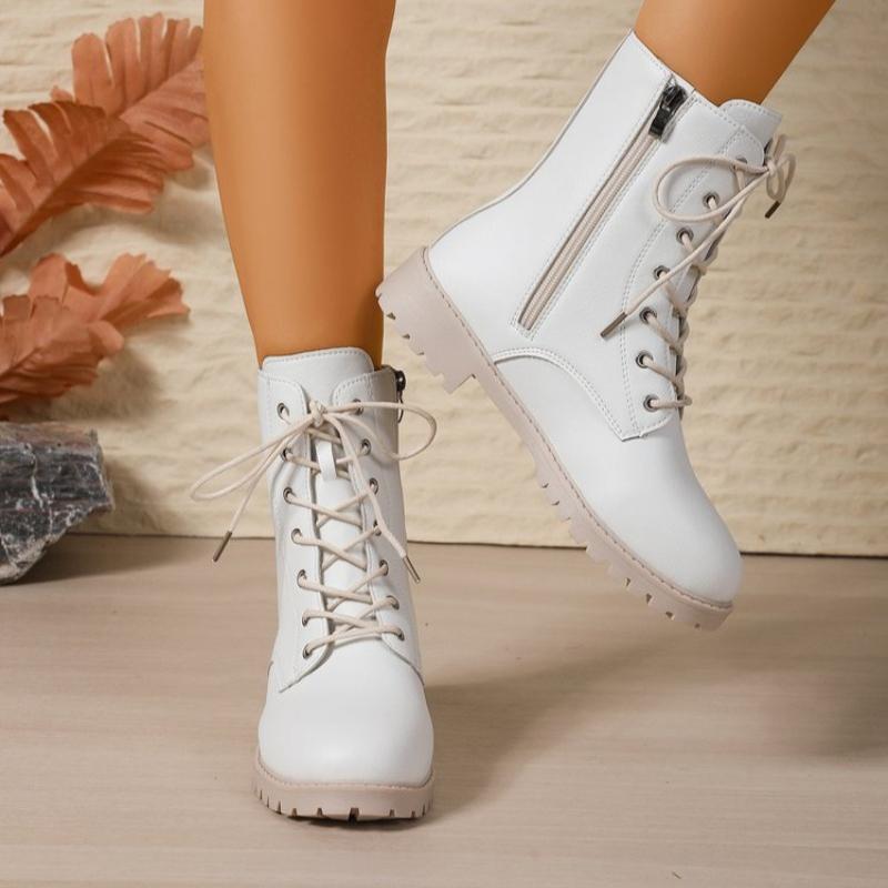 Fashion British Solid Zip Ankle Boots for Woman Autumn Winter Round Toe Lace-Up Short Boots Women Pu Leather Shoes Boties Lady