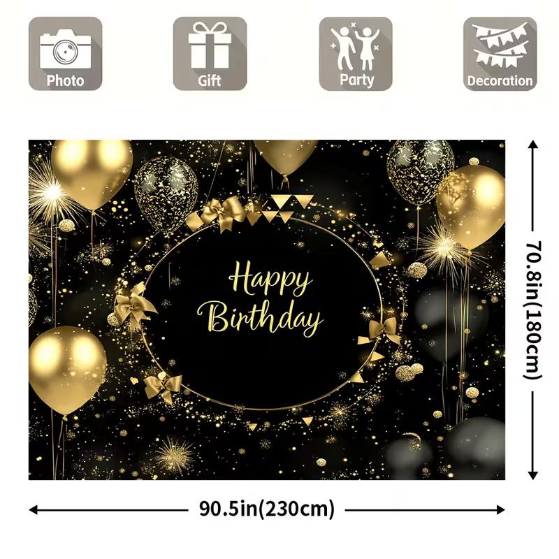 2D Glitter Balloon Birthday Backdrop, Black Gold Themed Party & Photoshoot Banner