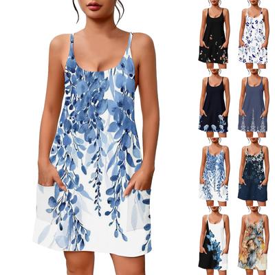 Vestido feminino casual de verão com estampa de gola quadrada, vestido suspensório com bolsos