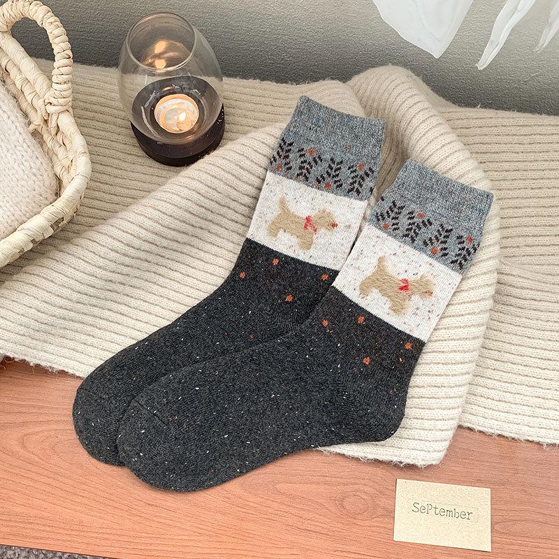 Fair Isle Puppy Wool Mid-Calf Slouch Socks – Thick, Warm, and Cute for Autumn and Winter