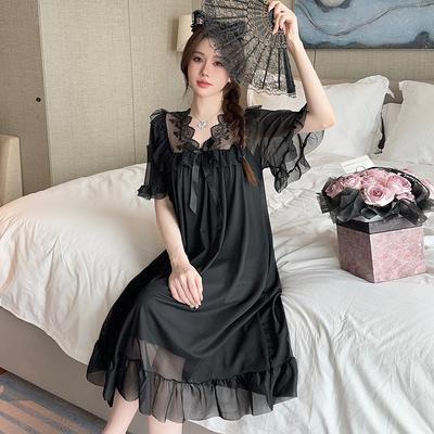 Summer Style Solid Color Lace Bow Mesh Court Princess Style Medium Long Nightdress Pajamas Loungewear