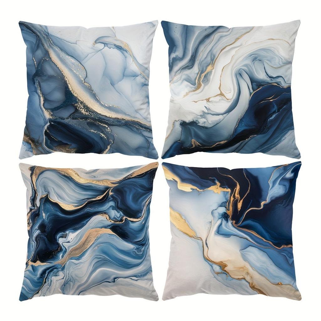 4pcs Blue Marble Pillow Covers 45x45cm Abstract Fluid Art with Gold Veins On White Base for Sofa Bed Decor Cotton Blend