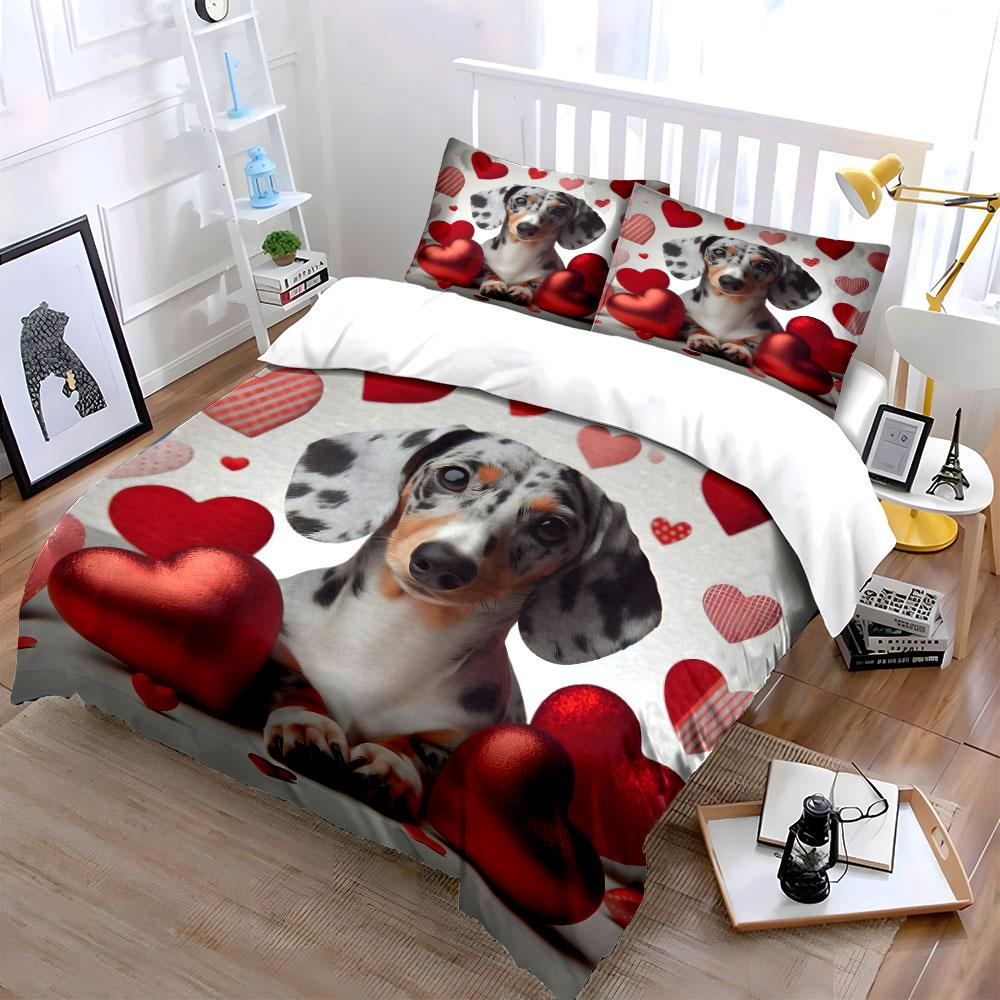 "Adorable Dog with Romantic Hearts printed 3PC, kid's and adults' bedroom decor, Exquisite three-piece bedding set gift