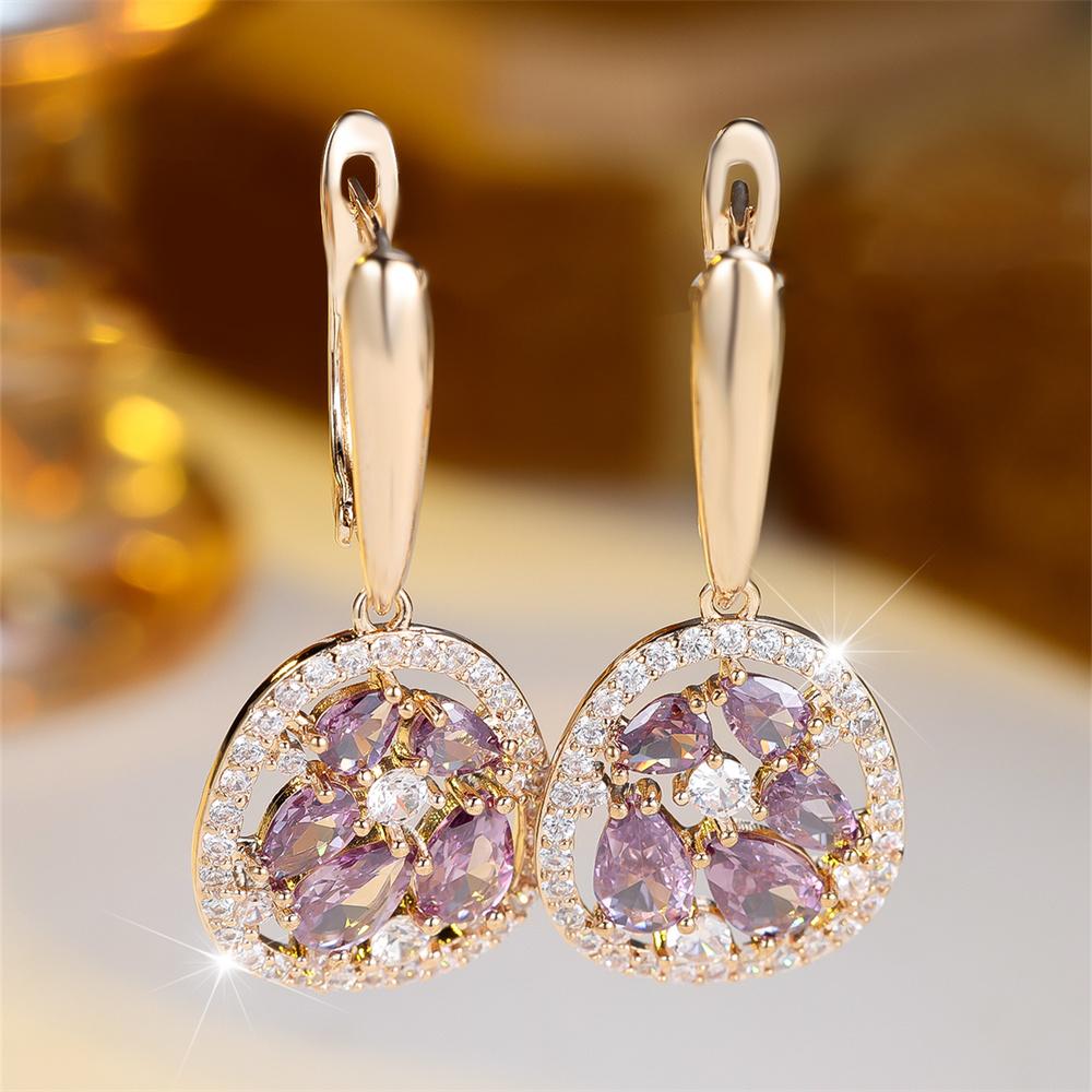 Pendientes de Aro con Colgante de Gota de Agua y Cristal Púrpura para Mujer Hebilla de Oreja Vintage Color Dorado Joyería para Bodas Regalo del Día de San Valentín