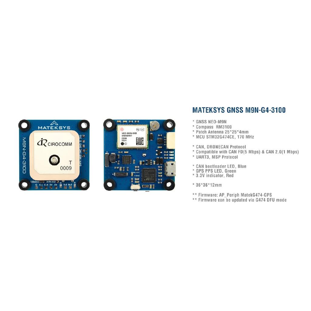 Mateksys M9N-G4-3100 GNSS GPS Module FPV Drone UAV AP_Periph DroneCAN CAN FD RM3100 Compass UART MSP ArduPilot INAV Compatible