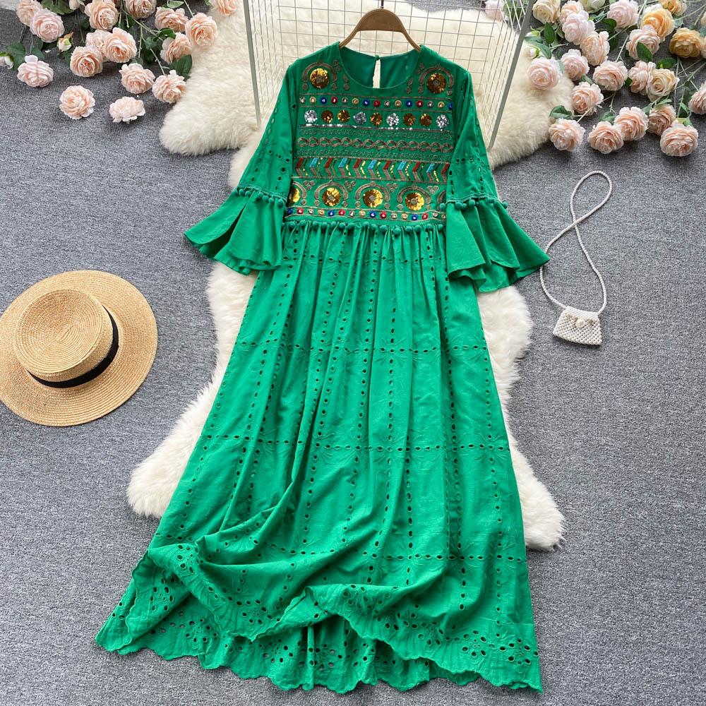 RUGOD French Retro Ethnic Embroidered Round Neck Flared Sleeve Dress Women's Loose Temperament All-match A-line Long Dress