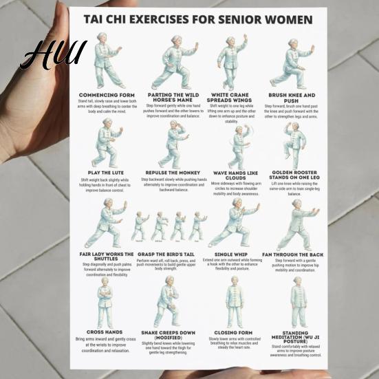 Tai Chi Per Donne di Mezza Età Set di 3 Poster Guida all'Esercizio per Anziani Allenamento per Principianti Tabella di Allenamento Regolazione Qi e Sangue Anziani Basso Impatto Equilibrio
