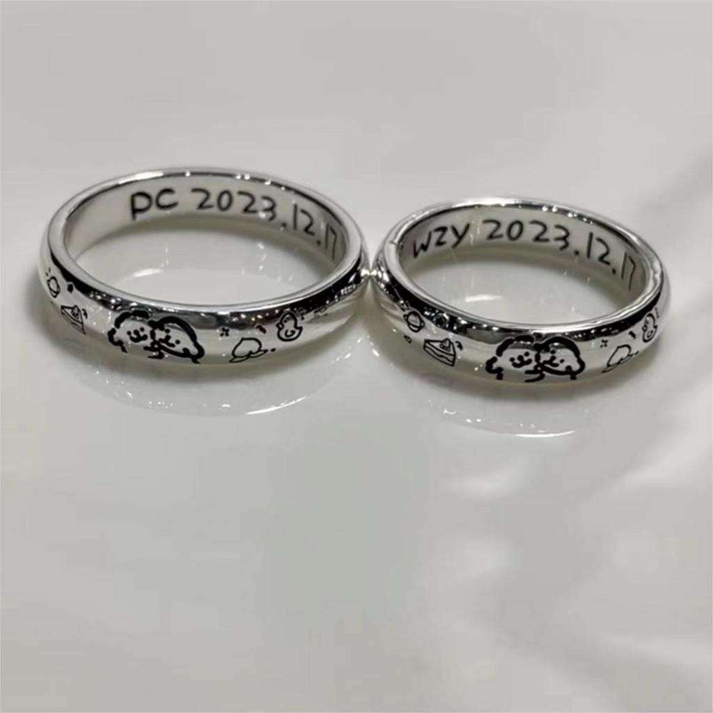 Cute Line Puppy Couple Rings for Women - High-End Student Style, Best Friends Jewelry