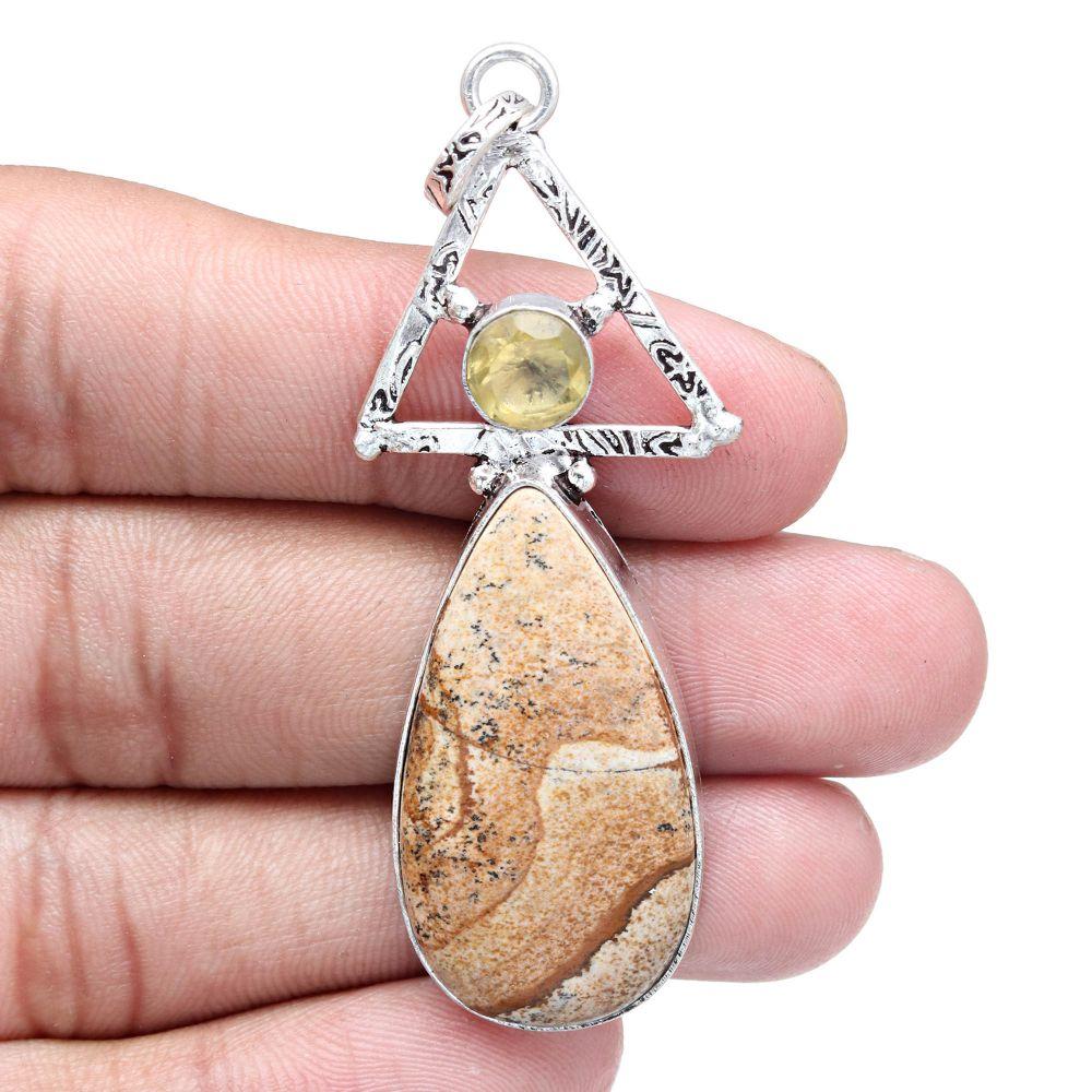 Pendant Picture Jasper Citrine Gemstone Handmade Silver Jewelry 2.75"