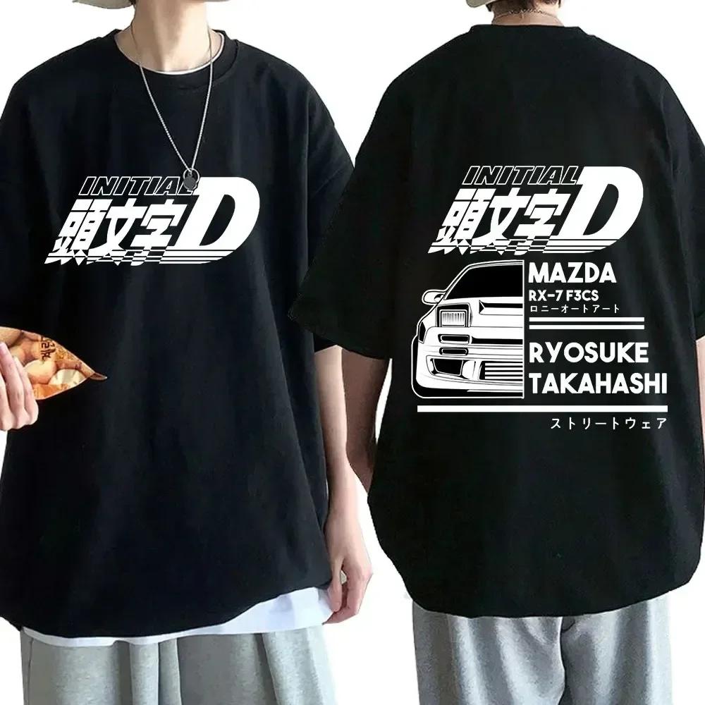 Anime Drift AE86 Initial D Double Sided T Shirt O-Neck Short Sleeves Summer Casual Unisex R34 Skyline GTR JDM Manga T-Shirts