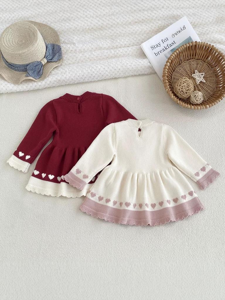 Baby Girl Cotton Heart Jacquard Knit Dress with Ruffle Sleeves & Round Neck