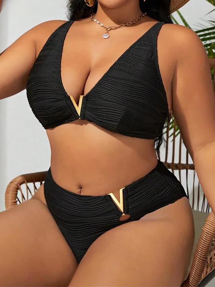 2025 Black 2 Piece Plus Size Bikini Set Women Strapped Large Big Swimsuit High Waist Chubby Brazilian Lady Curvy Bathing Suit