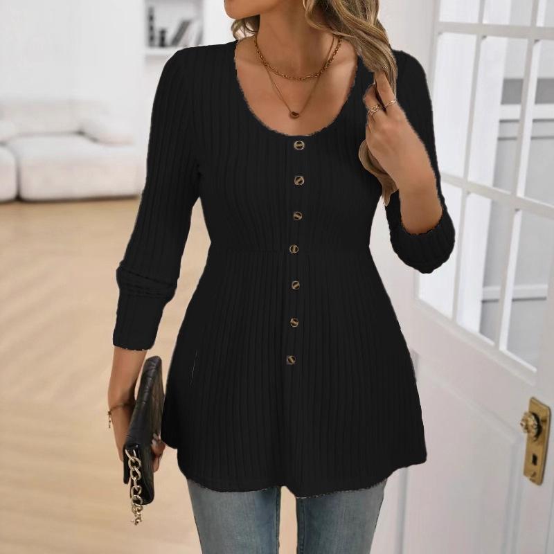Women S Plus Size Solid Long Sleeve Round Neck Top With Button Decoration