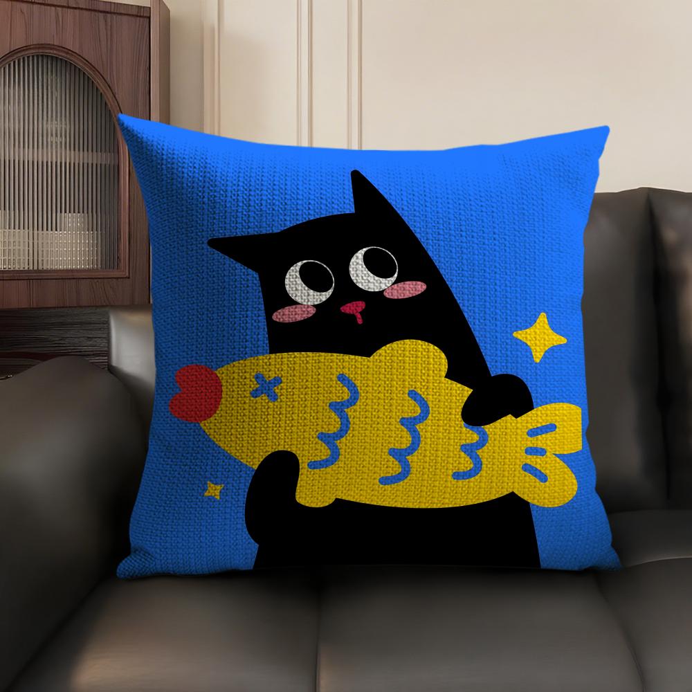 Cute Cat Cushion Cover Summer Breathable Linen Organic Fabric Double-Sided Printing Sofa Pillow Case Home Decor