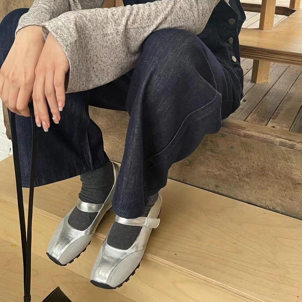 Sheepskin version~ Korean version of spring new leather silver light mouth with single shoes women's square head thick sole Mary Jane women's shoes