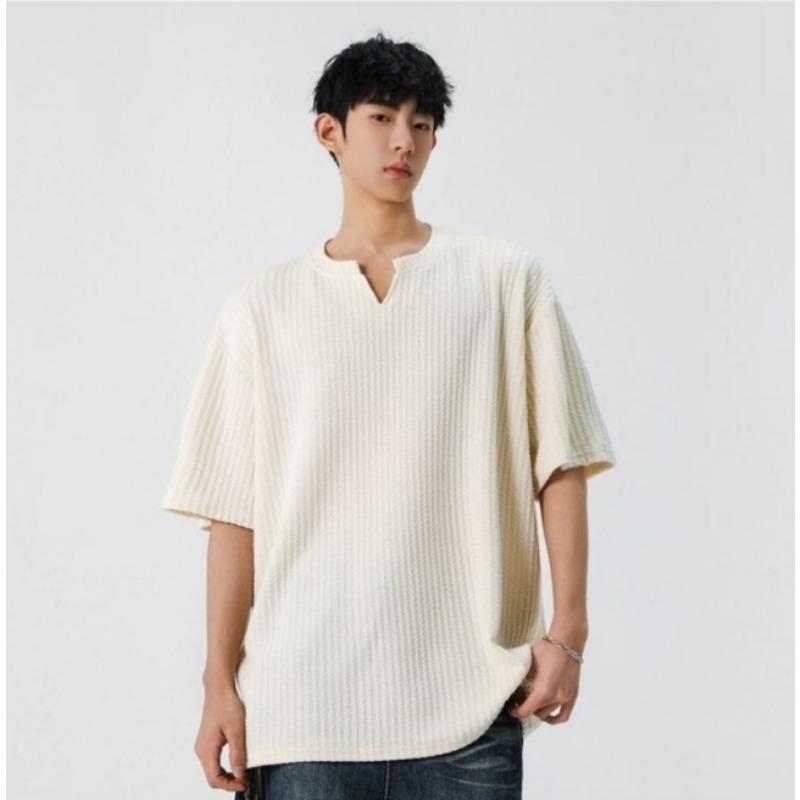 

Summer Fashion V-neck Casual Fashion T-shirt Male Short Sleeve Pullover Top Men Solid Color All-match Tee 3XL абрикосовий