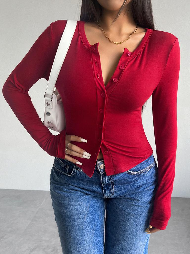 Women's Tops Y2K Solid Color Slim Cardigan Button Long Sleeve T-Shirt