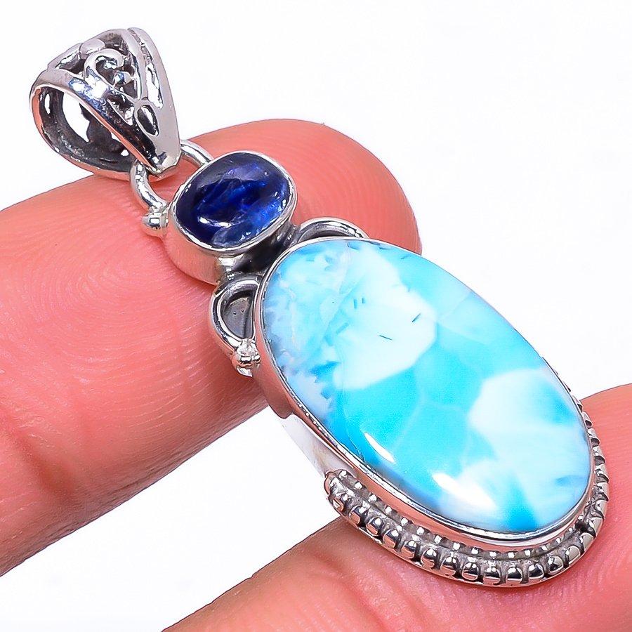 

Natural Republic Larimar, Kyanite 925 Solid Sterling Silver Pendant 1.65 p7H21