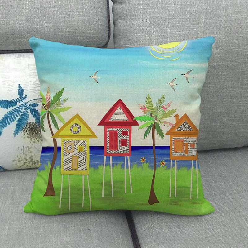 Cartoon Seaside Vacation Digital Printing Short Plush Pillow Covers Decorative For Car Sofa Office Cushion Cover Home Goods