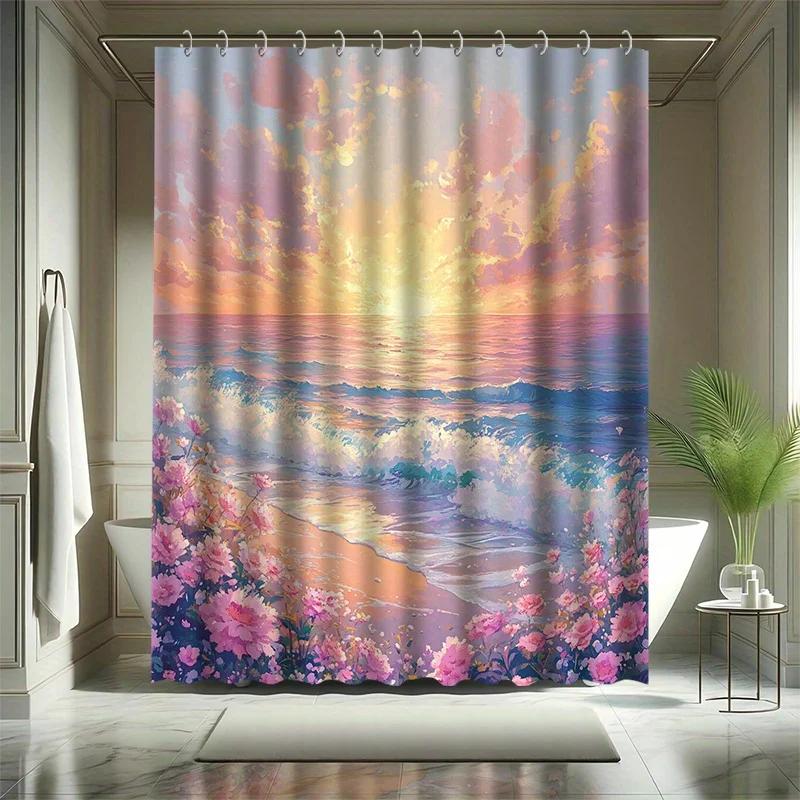 Fantasy Beauty Shower Curtain Set - Beach Waves & Flowers, White Clouds & Sunrise, Polyester Fabric,  Modern Bathroom Decor
