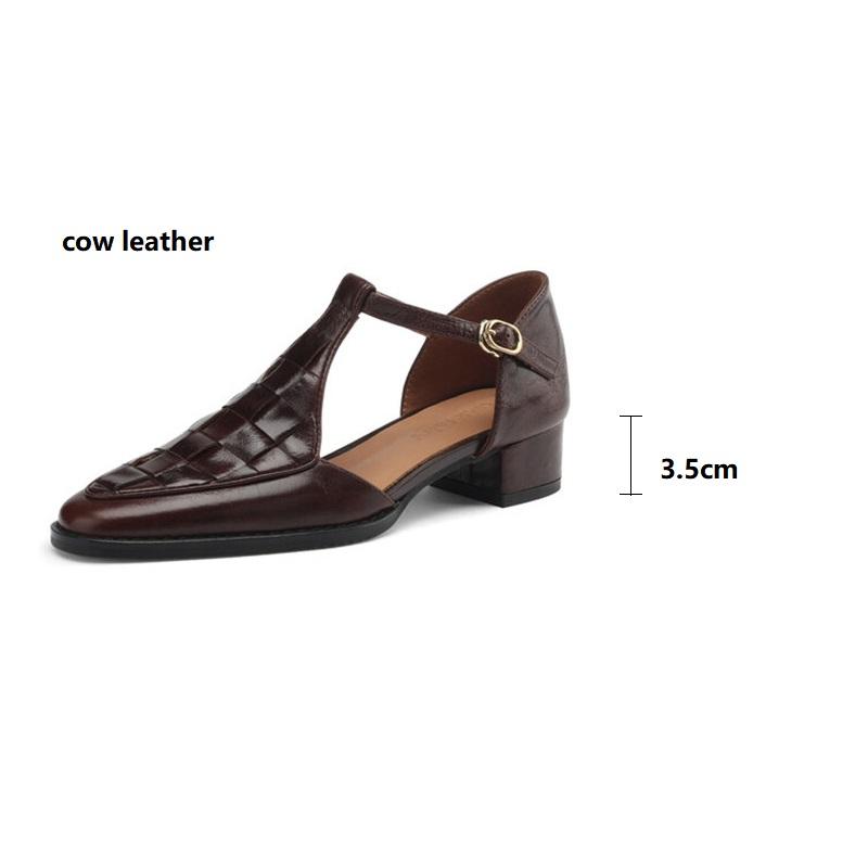 Fashion New Summer Genuine Leather Sandals Women 2025 Round Toe Shoes Chunky Heel Cover Toe Sandals for Women Handmade Cow Leather Shoes