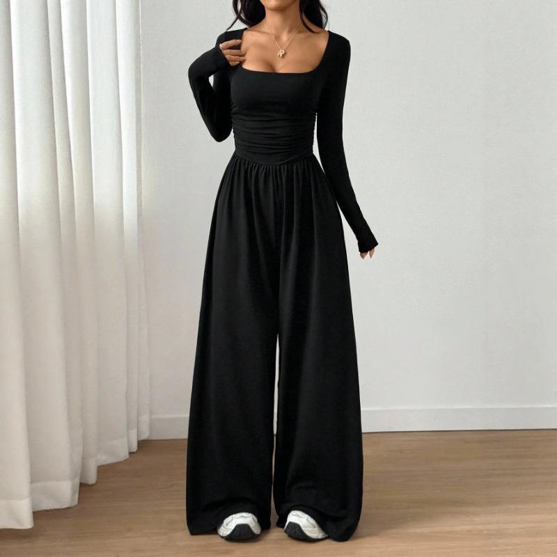Women Fashion Casual Long Sleeve Square Neck Solid Wide Leg Jumpsuit