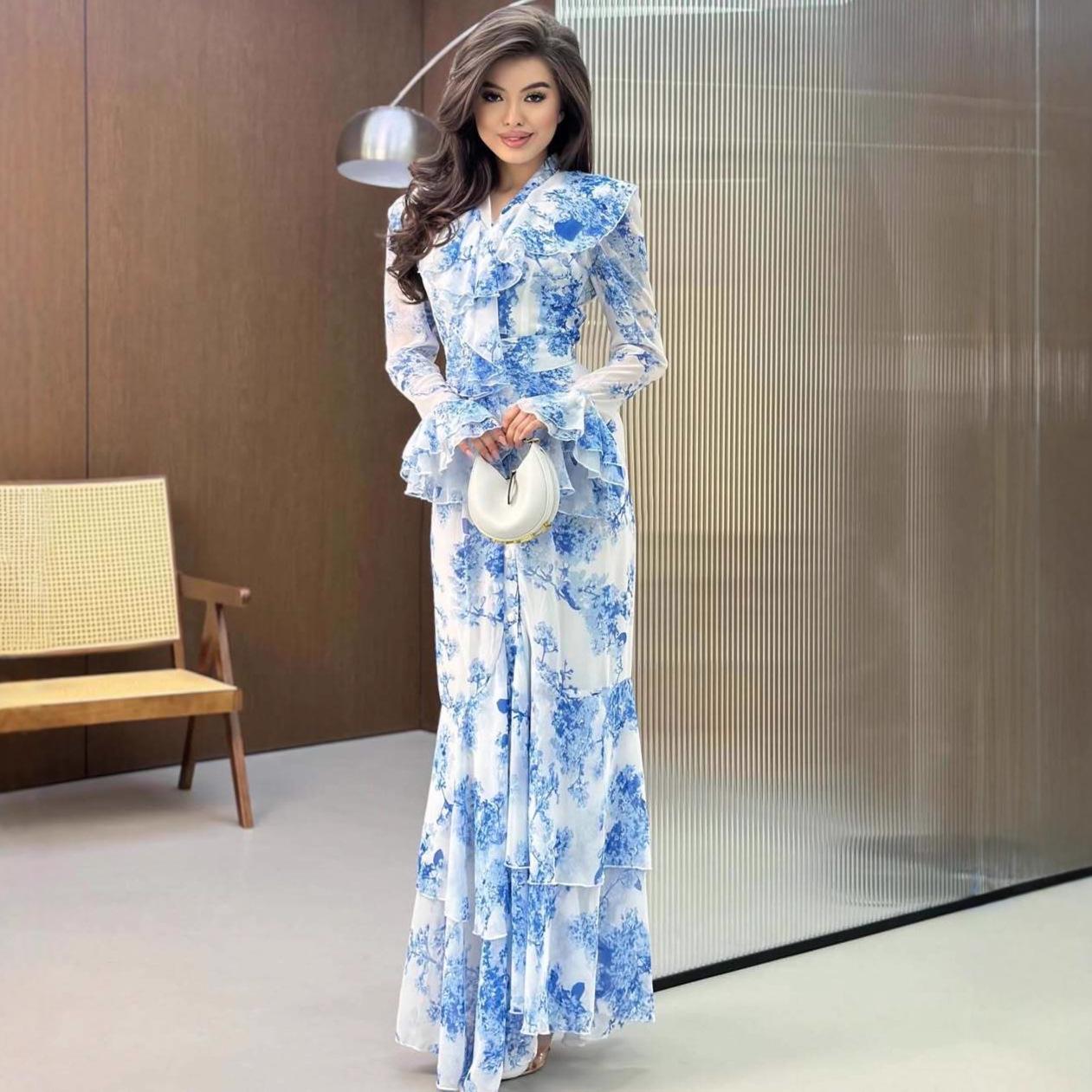 

2025 Retro Floral French-Style Long Dress for Women L небо синє кольору