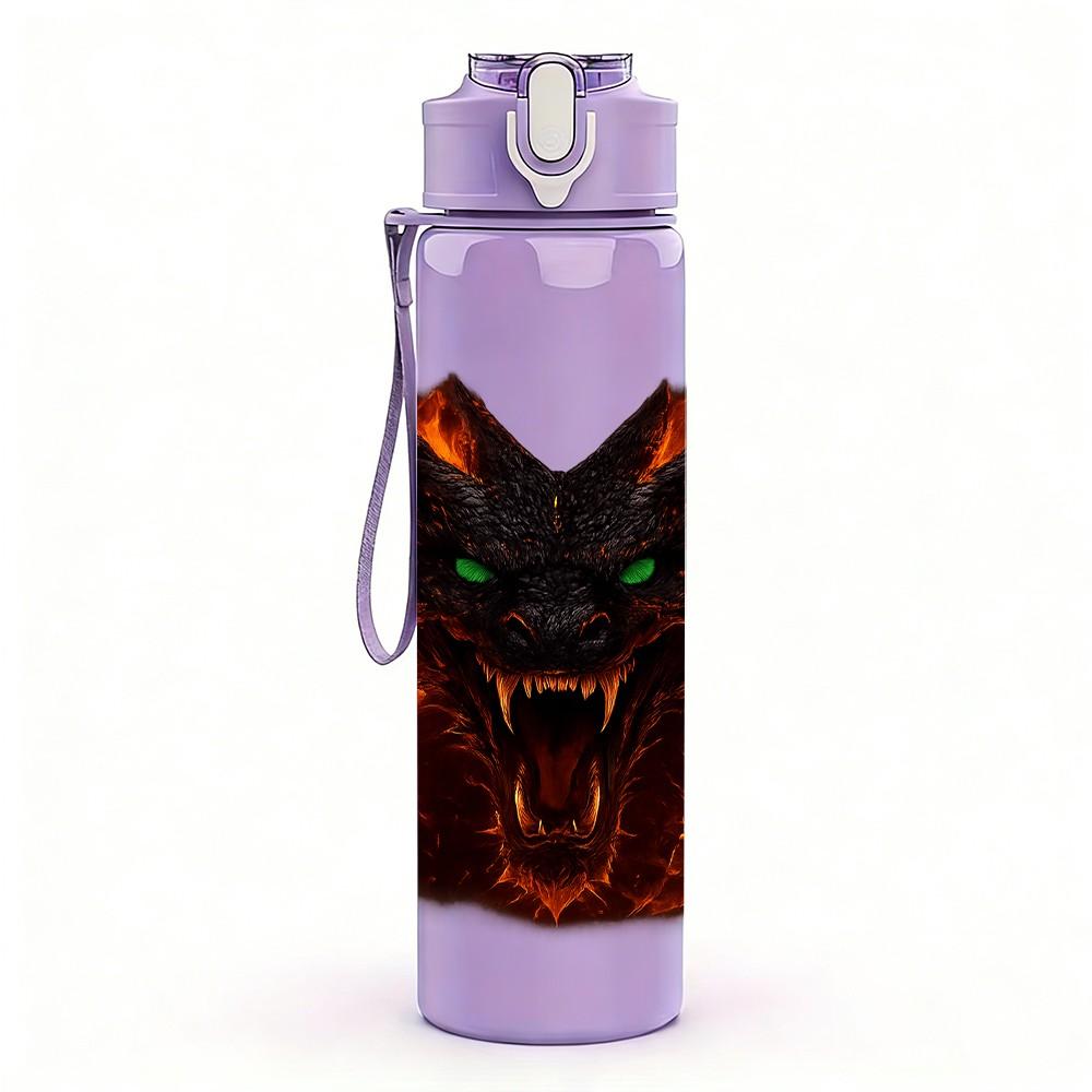1PC Fiery Red Demon Beast Fantasy Head Print 750ml Color Plastic Sports Water Bottle Leakproof Flip Straw Lid Suitable for Sports Office Home Use