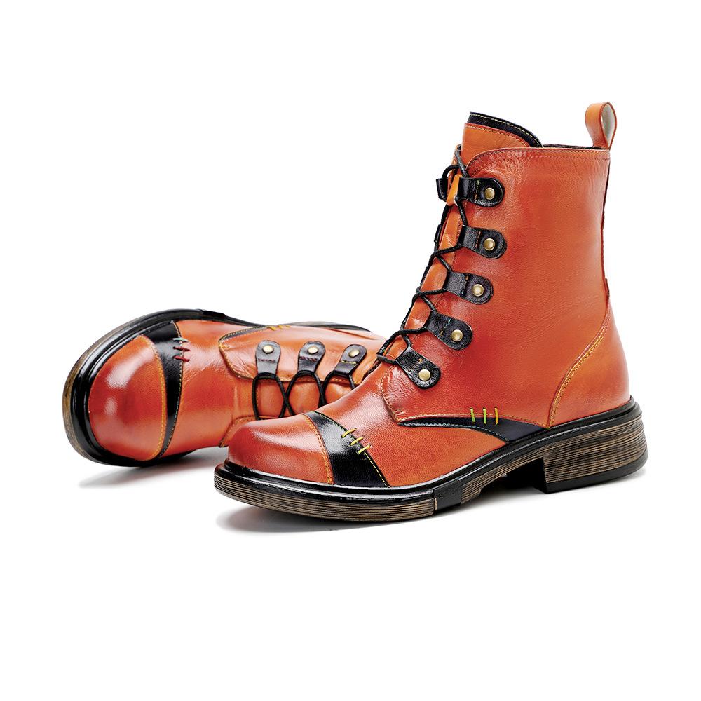 Johnature Short Boots Vintage Genuine Leather Solid Color Comfortable Handmade Women Shoes