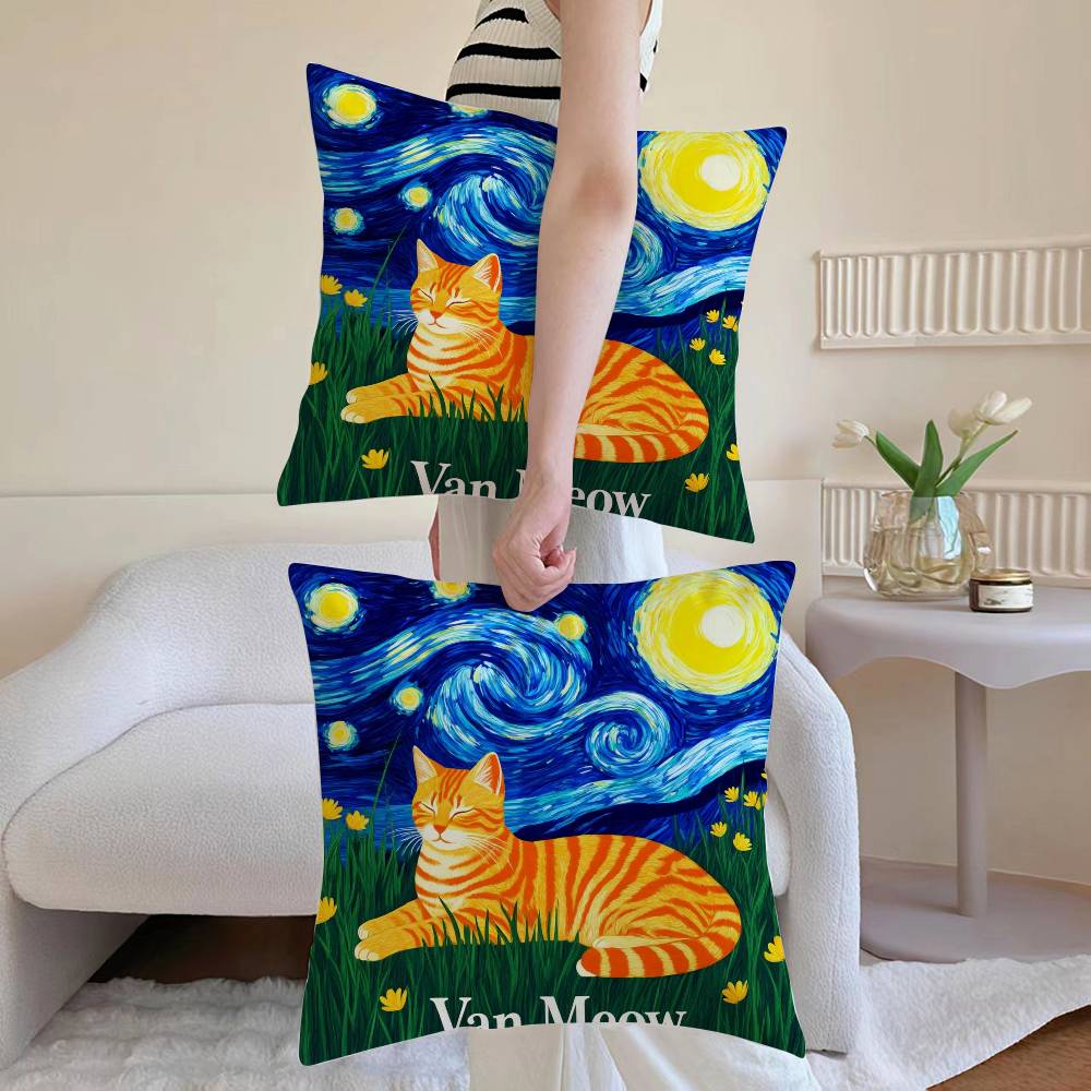 The Cute Cat In Van Gogh's Pillowcase, Soft and Comfortable, Sofa Cushion Cover, Suitable for All Kinds of Rooms and Places
