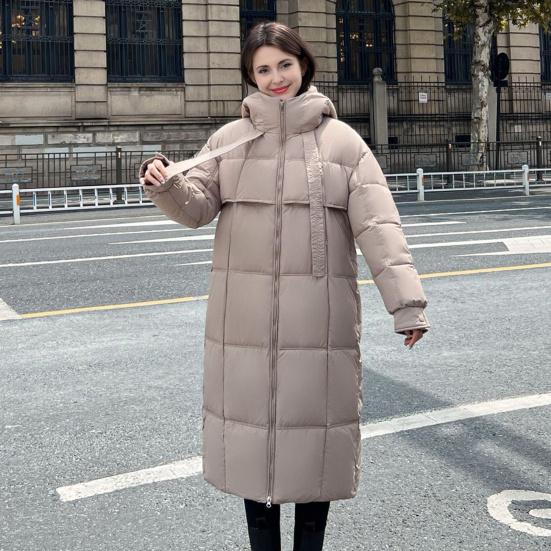 Long Puffer Jacket for Women Winter Warm Hooded Coat with Zip Thickened Long Sleeve Down Coat with Pockets