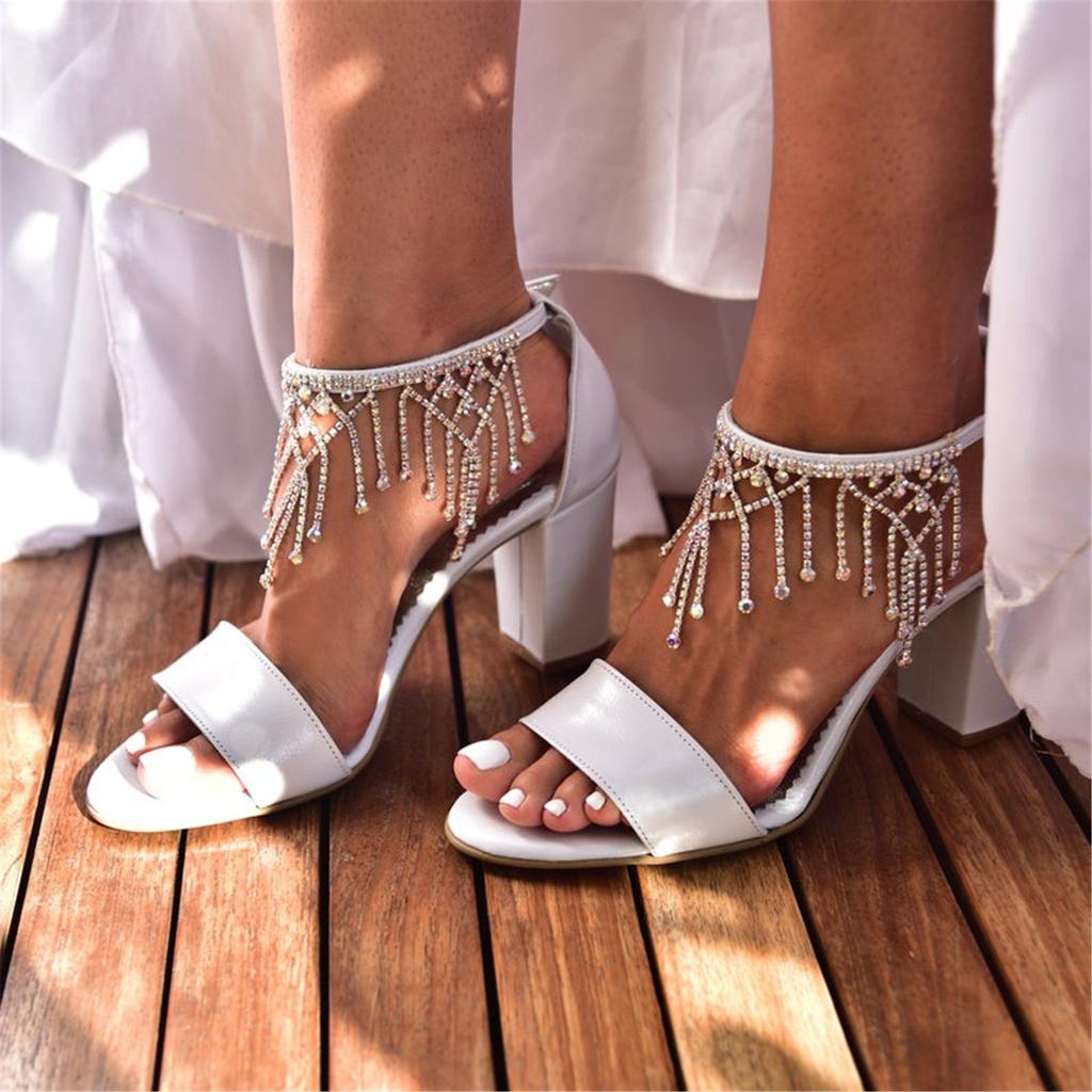 2025 White Satin Satin Thick Heel Large Size Rhinestone 7CM Sandals with Sandals