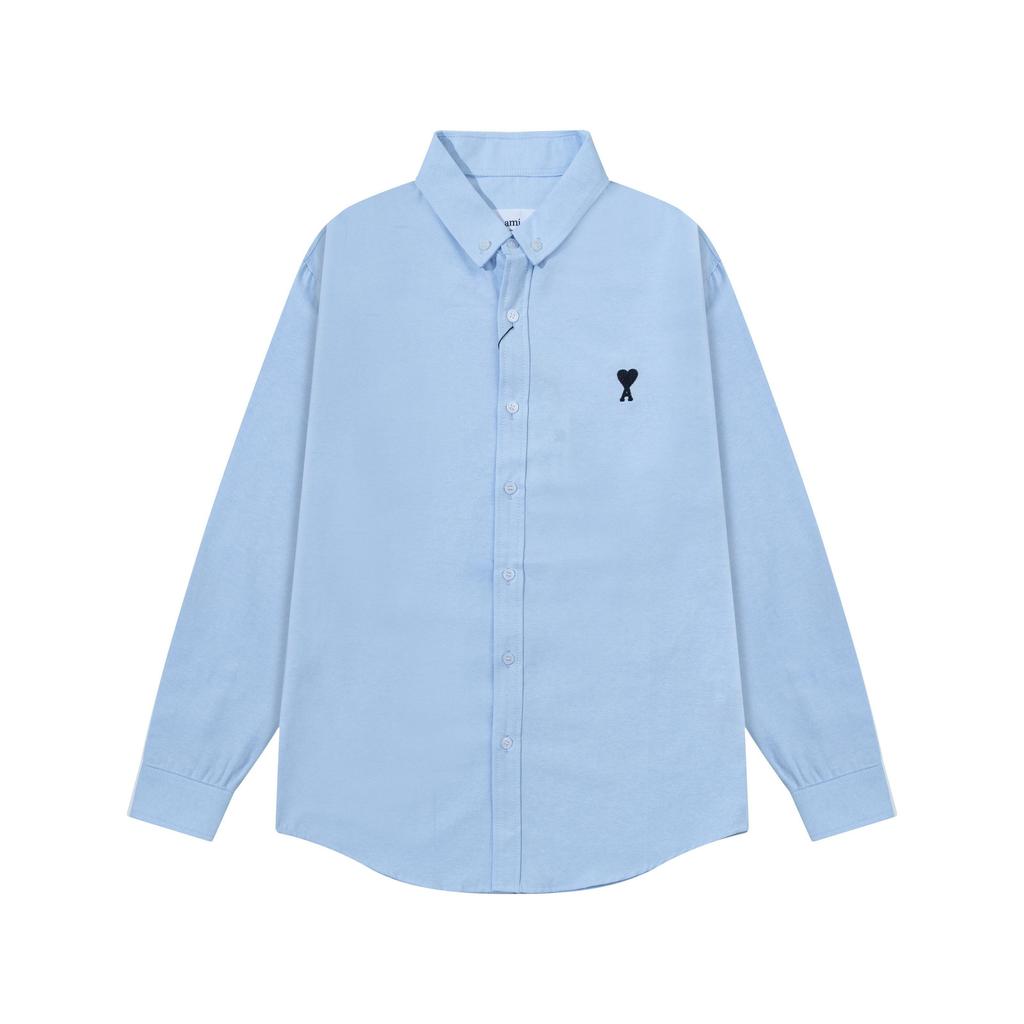 AMI 2025 Autumn New Product Chest Pocket Classic Black Embroidered Small Love Casual Cotton Solid Color Long Sleeve Shirt