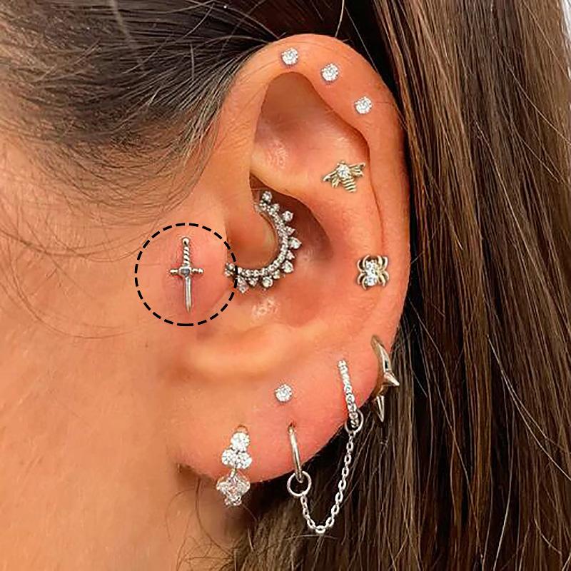 Favorite Toy Women's 1Pc Mini Y2k Dagger Shaped Screw Back Helix Daith Earrings For Ear Cartilage Pierced Earings Fashion Zircon Cc170