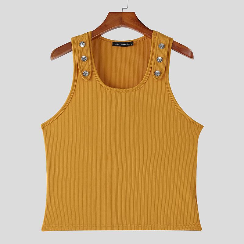 INCERUN Summer Men Sleeveless Strap Decorative Ribbed Casual Tank Tops