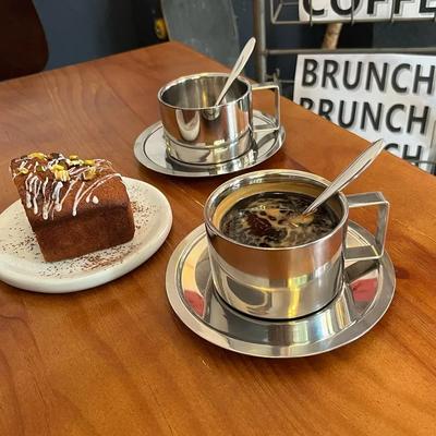 Set di tazze da caffè in acciaio inossidabile con fiore estraibile, tazza da caffè, piattino per tè e latte, cucchiaio, bicchieri da caffè espresso a doppia parete, accessori
