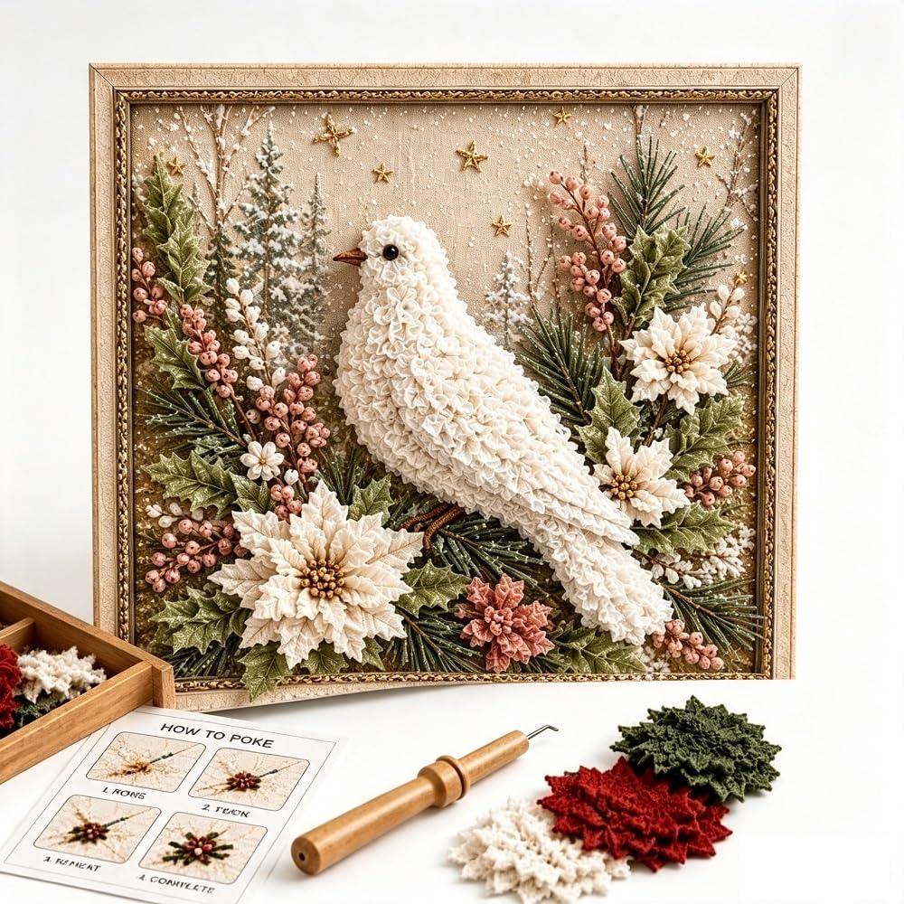 3D Christmas Handmade Fabric Poke Art Kit with Wreath Design: DIY Holiday Craft with Simple Illustrated Guide Vintage Seasonal Decoration for Adults