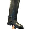 Cowhide Pants Boots Women's Wide Boots Autumn and Winter New Products Round Head Belt Buckle Middle Heel Sleeve Knee High Knight Boots